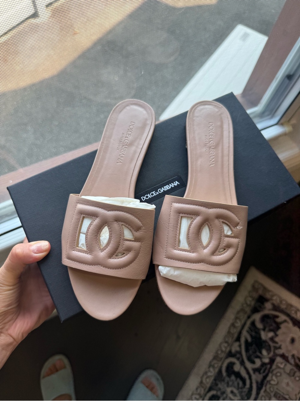Dolce & Gabbana Nude Pink Leather Logo Slide Mules